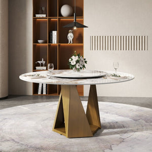 English Elm 59.05 Round Sintered Stone Dining Table Bronze Pedestal Base with Rotating Turntable Seats 8 W1535S00699
