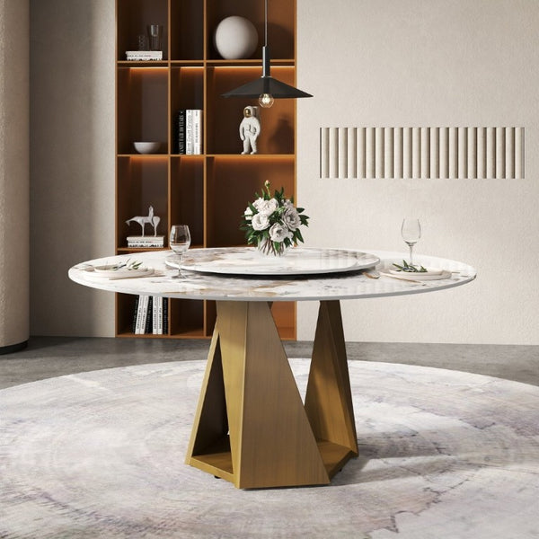 English Elm 59.05 Round Sintered Stone Dining Table Bronze Pedestal Base with Rotating Turntable Seats 8 W1535S00699
