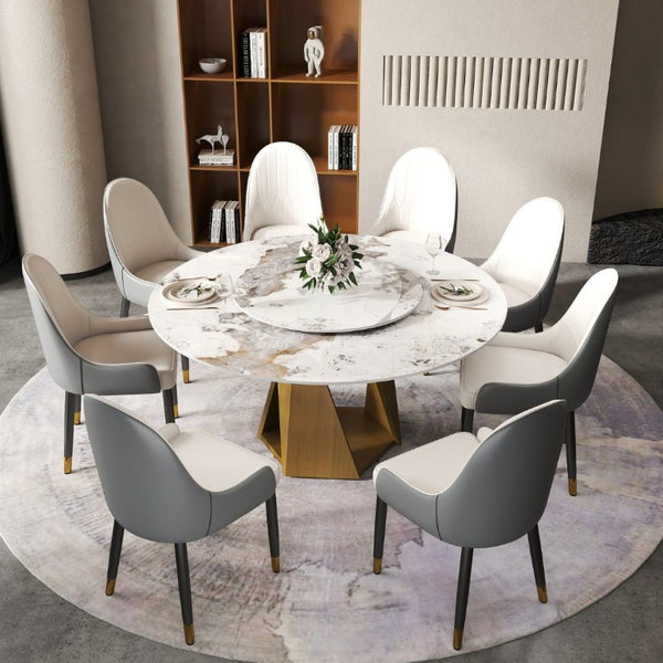 English Elm 59.05 Round Sintered Stone Dining Table Bronze Pedestal Base with Rotating Turntable Seats 8 W1535S00699