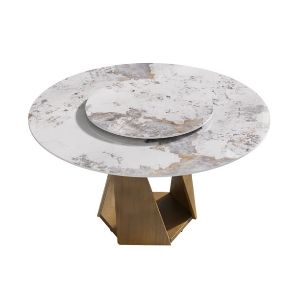 English Elm 59.05 Round Sintered Stone Dining Table Bronze Pedestal Base with Rotating Turntable Seats 8 W1535S00699