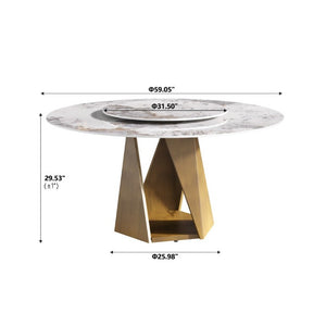 English Elm 59.05 Round Sintered Stone Dining Table Bronze Pedestal Base with Rotating Turntable Seats 8 W1535S00699