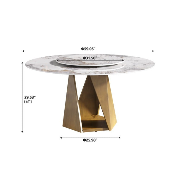 English Elm 59.05 Round Sintered Stone Dining Table Bronze Pedestal Base with Rotating Turntable Seats 8 W1535S00699