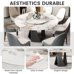 English Elm 59.05" Round Sintered Stone Dining Table Seats 8 with Rotating Turntable Iron Pedestal Black W1535S00700