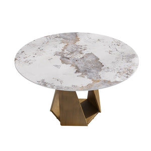 English Elm 59.05 Inch Round Sintered Stone Dining Table Bronze Pedestal Base Seats Eight W1535S00702