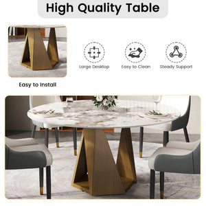 English Elm 59.05 Inch Round Sintered Stone Dining Table Bronze Pedestal Base Seats Eight W1535S00702