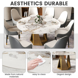 English Elm 59.05 Inch Round Sintered Stone Dining Table Bronze Pedestal Base Seats Eight W1535S00702