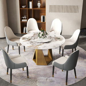 English Elm 53" Round Sintered Stone Dining Table Brass Base Lazy Susan Seats Six Modern W1535S00703