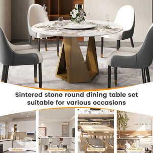 English Elm 53" Round Sintered Stone Dining Table Brass Base Lazy Susan Seats Six Modern W1535S00703