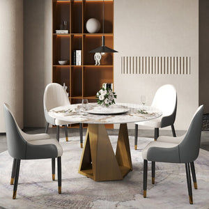 English Elm 53" Round Sintered Stone Dining Table Brass Base Lazy Susan Seats Six Modern W1535S00703