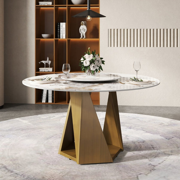 English Elm 53" Round Sintered Stone Dining Table Brass Base Lazy Susan Seats Six Modern W1535S00703