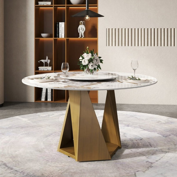 English Elm 53 Inch Round Sintered Stone Top Dining Table with Bronze Iron Base and Lazy Susan W1535S00703