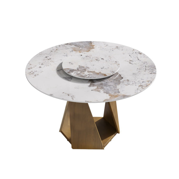 English Elm 53" Round Sintered Stone Dining Table Brass Base Lazy Susan Seats Six Modern W1535S00703