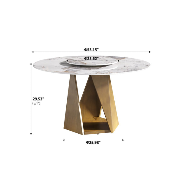English Elm 53" Round Sintered Stone Dining Table Brass Base Lazy Susan Seats Six Modern W1535S00703