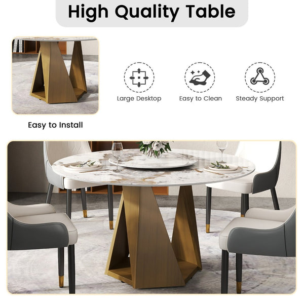 English Elm 53" Round Sintered Stone Dining Table Brass Base Lazy Susan Seats Six Modern W1535S00703