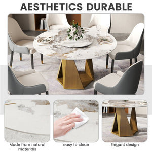 English Elm 53" Round Sintered Stone Dining Table Brass Base Lazy Susan Seats Six Modern W1535S00703