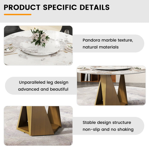 English Elm 53" Round Sintered Stone Dining Table Brass Base Lazy Susan Seats Six Modern W1535S00703