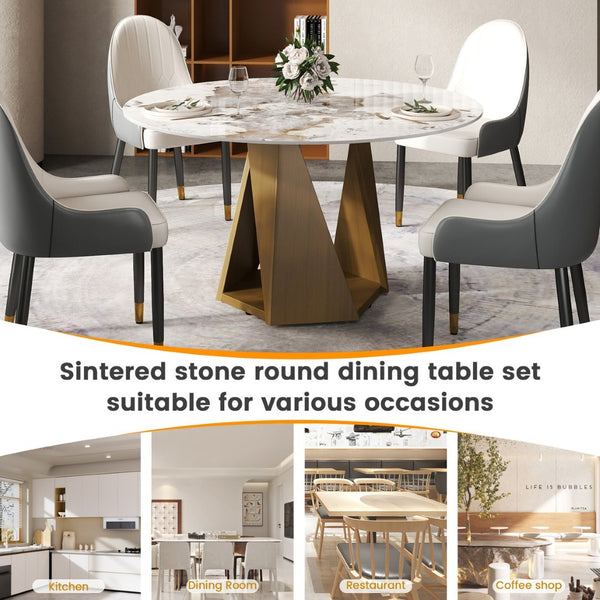 English Elm 53" Round Sintered Stone Dining Table Brass Base Lazy Susan Seats Six Modern W1535S00704