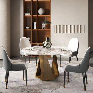 English Elm 53 Inch Round Sintered Stone Dining Table Seats Six with Bronze Pedestal Base W1535S00704