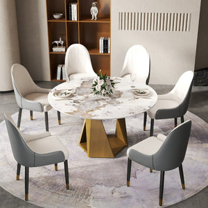 English Elm 53" Round Sintered Stone Dining Table Brass Base Lazy Susan Seats Six Modern W1535S00704