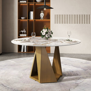 English Elm 53" Round Sintered Stone Dining Table Brass Base Lazy Susan Seats Six Modern W1535S00704