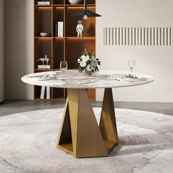 English Elm 53" Round Sintered Stone Dining Table Brass Base Lazy Susan Seats Six Modern W1535S00704