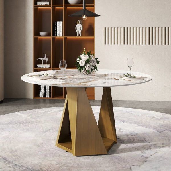 English Elm 53 Inch Round Sintered Stone Dining Table Seats Six with Bronze Pedestal Base W1535S00704