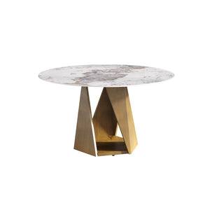 English Elm 53" Round Sintered Stone Dining Table Brass Base Lazy Susan Seats Six Modern W1535S00704