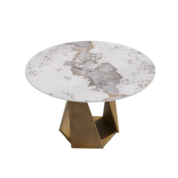 English Elm 53" Round Sintered Stone Dining Table Brass Base Lazy Susan Seats Six Modern W1535S00704