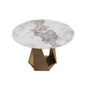 English Elm 53 Inch Round Sintered Stone Dining Table Seats Six with Bronze Pedestal Base W1535S00704