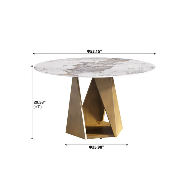 English Elm 53" Round Sintered Stone Dining Table Brass Base Lazy Susan Seats Six Modern W1535S00704