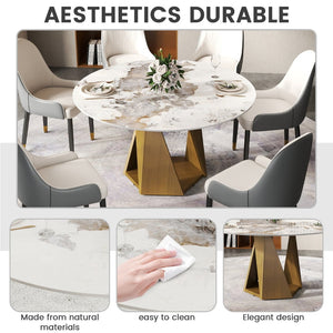 English Elm 53" Round Sintered Stone Dining Table Brass Base Lazy Susan Seats Six Modern W1535S00704