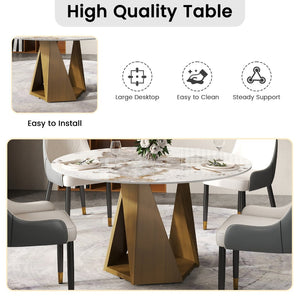 English Elm 53" Round Sintered Stone Dining Table Brass Base Lazy Susan Seats Six Modern W1535S00704