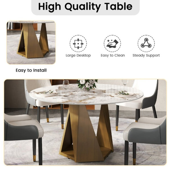English Elm 53 Inch Round Sintered Stone Dining Table Seats Six with Bronze Pedestal Base W1535S00704