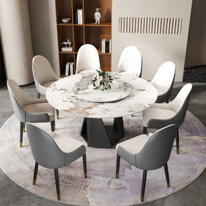 English Elm 59.05 Inch Round Sintered Stone Dining Table Seats 8 with Lazy Susan and Iron Base W1535S00705