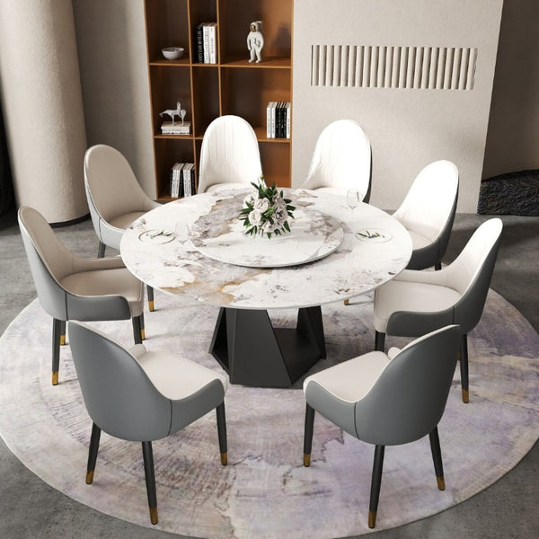 English Elm 59.05 Inch Round Sintered Stone Dining Table Seats 8 with Lazy Susan and Iron Base W1535S00705