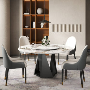 English Elm 59.05 Inch Round Sintered Stone Dining Table Seats 8 with Lazy Susan and Iron Base W1535S00705