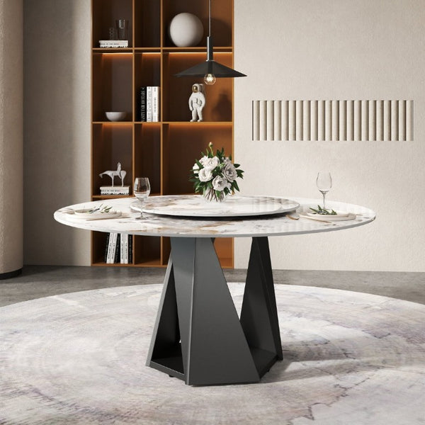 English Elm 59.05 Inch Round Sintered Stone Dining Table Seats 8 with Lazy Susan and Iron Base W1535S00705