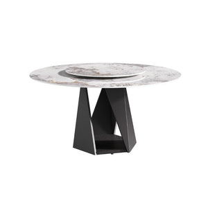 English Elm 59.05 Inch Round Sintered Stone Dining Table Seats 8 with Lazy Susan and Iron Base W1535S00705