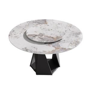 English Elm 59.05 Inch Round Sintered Stone Dining Table Seats 8 with Lazy Susan and Iron Base W1535S00705