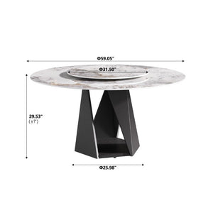 English Elm 59.05 Inch Round Sintered Stone Dining Table Seats 8 with Lazy Susan and Iron Base W1535S00705