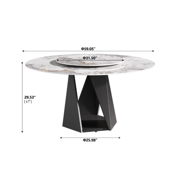 English Elm 59.05 Inch Round Sintered Stone Dining Table Seats 8 with Lazy Susan and Iron Base W1535S00705