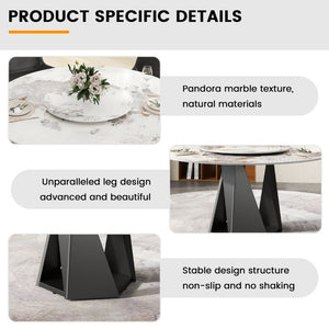 English Elm 59.05 Inch Round Sintered Stone Dining Table Seats 8 with Lazy Susan and Iron Base W1535S00705