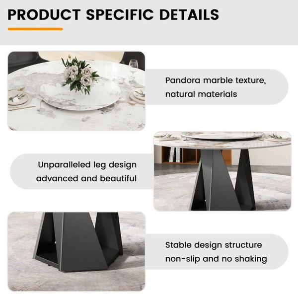 English Elm 59.05 Inch Round Sintered Stone Dining Table Seats 8 with Lazy Susan and Iron Base W1535S00705