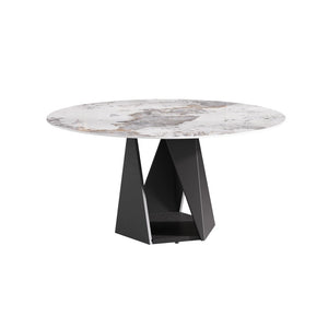 English Elm 59.05 Round Sintered Stone Dining Table Seats 8 with Sculptural Iron Pedestal Base W1535S00706