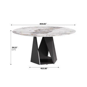 English Elm 59.05 Round Sintered Stone Dining Table Seats 8 with Sculptural Iron Pedestal Base W1535S00706