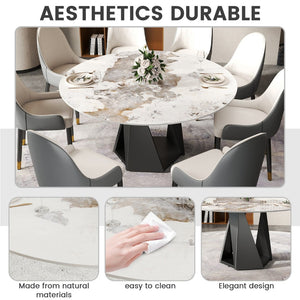 English Elm 59.05 Round Sintered Stone Dining Table Seats 8 with Sculptural Iron Pedestal Base W1535S00706