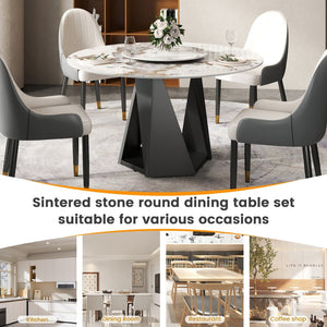 English Elm 53" Round Sintered Stone Dining Table Brass Base Lazy Susan Seats Six Modern W1535S00707