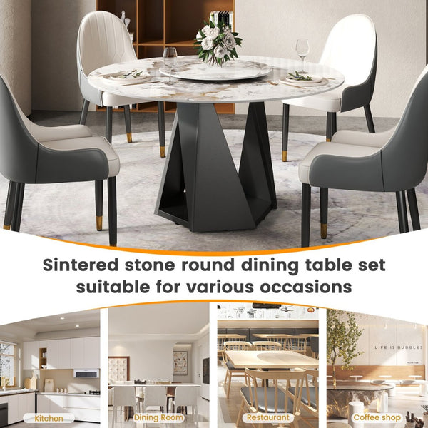 English Elm 53" Round Sintered Stone Dining Table Brass Base Lazy Susan Seats Six Modern W1535S00707