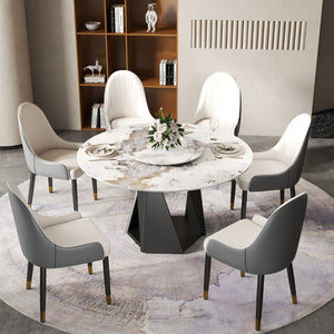 English Elm 53" Round Sintered Stone Dining Table Brass Base Lazy Susan Seats Six Modern W1535S00707