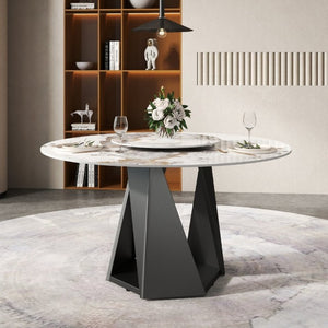 English Elm 53 Inch Round Sintered Stone Dining Table with Lazy Susan and Black Iron Pedestal Base W1535S00707